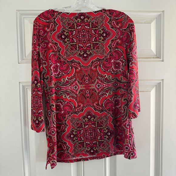 Charter Club Womens V-Neck Red Paisley Tunic Dress With 3/4 Sleeves - Picture 5 of 6